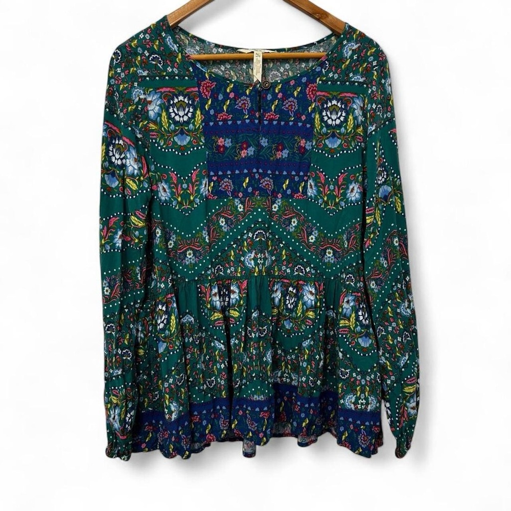 Matilda Jane Floral Blouse Womens XL Green Blue Long Sleeve Boho Floral Flowy
